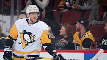 GLENDALE, ARIZONA - JANUARY 12: Alex Galchenyuk #18 of the Pittsburgh Penguins during the NHL game against the Arizona Coyotes at Gila River Arena on January 12, 2020 in Glendale, Arizona. The Penguins defeated the Coyotes 4-3 in an overtime shootout. (Photo by Christian Petersen/Getty Images)