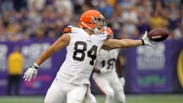 Sep 22, 2013; Minneapolis, MN, USA; Cleveland Browns tight end Jordan Cameron (84) against the Minnesota Vikings at Mall of America Field at H.H.H. Metrodome. The Browns defeated the Vikings 31-27. Mandatory Credit: Brace Hemmelgarn-USA TODAY Sports