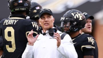 WINSTON-SALEM, NORTH CAROLINA - OCTOBER 30: Head coach Dave Clawson of the Wake Forest Demon Deacons watches his team play against the Duke Blue Devils during their game at Truist Field on October 30, 2021 in Winston-Salem, North Carolina. Wake Forest won 45-7. (Photo by Grant Halverson/Getty Images)