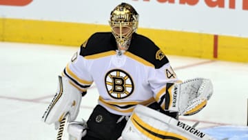 Oct 15, 2016; Toronto, Ontario, CAN; Boston Bruins goalie Tuukka Rask (40) makes a save during pre-game warmup before playing Toronto Maple Leafs at Air Canada Centre. Mandatory Credit: Dan Hamilton-USA TODAY Sports