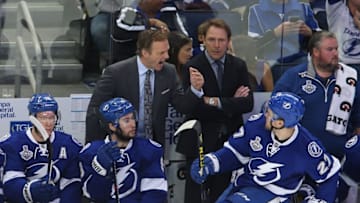 Jun 6, 2015; Tampa, FL, USA; Tampa Bay Lightning head coach Jon Cooper shouts at left wing Jonathan Drouin (27) in the first period in game two of the 2015 Stanley Cup Final against the Chicago Blackhawks at Amalie Arena. Mandatory Credit: Reinhold Matay-USA TODAY Sports