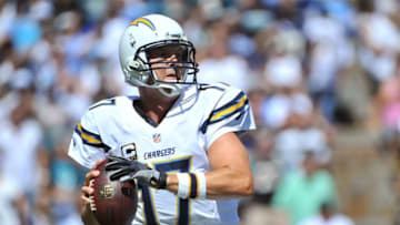 Sep 18, 2016; San Diego, CA, USA; San Diego Chargers quarterback Philip Rivers (17) looks downfield during the first quarter of the game against the Jacksonville Jaguars at Qualcomm Stadium. Mandatory Credit: Orlando Ramirez-USA TODAY Sports