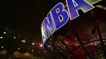 Feb 15, 2014; New Orleans, LA, USA; A view NBA logo during the NBA All Star Jam Session at the Ernest N. Morial Convention Center. Mandatory Credit: Bob Donnan-USA TODAY Sports