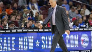 Nov 16, 2015; Philadelphia, PA, USA; Philadelphia 76ers head coach Brett Brown walks the sideline during a timeout in the second quarter against the Dallas Mavericks at Wells Fargo Center. Mandatory Credit: Bill Streicher-USA TODAY Sports