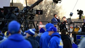 Desmond Howard and Rece Davis prepare to go live for College GameDay at South Dakota State University on Saturday, October 26, in Brookings.College Gameday 014