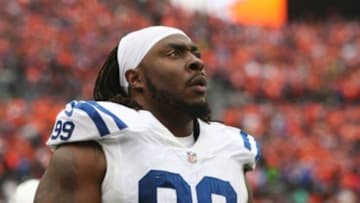 Jan 11, 2015; Denver, CO, USA; Indianapolis Colts defensive end Ricky Jean Francois (99) in the 2014 AFC Divisional playoff football game against the Denver Broncos at Sports Authority Field at Mile High. Mandatory Credit: Chris Humphreys-USA TODAY Sports