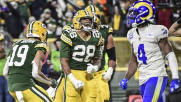 Nov 28, 2021; Green Bay, Wisconsin, USA; Green Bay Packers running back AJ Dillon (28) reacts after scoring a touchdown in the third quarter against the Los Angeles Rams at Lambeau Field. Mandatory Credit: Benny Sieu-USA TODAY Sports
