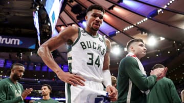 NEW YORK, NEW YORK - JANUARY 09: Giannis Antetokounmpo #34 of the Milwaukee Bucks walks to the bench during the second half against the New York Knicks at Madison Square Garden on January 09, 2023 in New York City. The Bucks won 111-107. NOTE TO USER: User expressly acknowledges and agrees that, by downloading and/or using this photograph, User is consenting to the terms and conditions of the Getty Images License Agreement. (Photo by Sarah Stier/Getty Images)