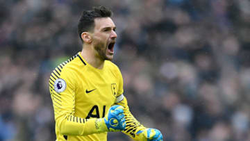 LONDON, ENGLAND - FEBRUARY 10: Hugo Lloris of Tottenham Hotspur celebrates his side's first goal during the Premier League match between Tottenham Hotspur and Arsenal at Wembley Stadium on February 10, 2018 in London, England. (Photo by Laurence Griffiths/Getty Images)