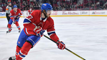 MONTREAL, QC - APRIL 1: Alex Galchenyuk #27 of the Montreal Canadiens looks to pass the puck against the New Jersey Devils in the NHL game at the Bell Centre on April 1, 2018 in Montreal, Quebec, Canada. (Photo by Francois Lacasse/NHLI via Getty Images) *** Local Caption ***