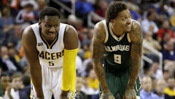 Oct 12, 2016; Evansville, IN, USA; Indiana Pacers forward Lavoy Allen (5) and Milwaukee Bucks forward Michael Beasley (9) wait for a free throw at Ford Center. Mandatory Credit: James Brosher-USA TODAY Sports