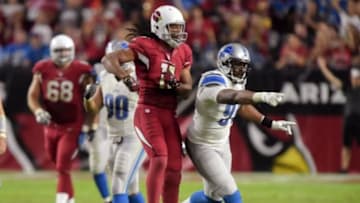 Nov 16, 2014; Glendale, AZ, USA; Arizona Cardinals receiver Larry Fitzgerald (11) celebrates after a reception in the fourth quarter to surpass 12,000 career yards as Detroit Lions defensive end Jason Jones (91) reacts at University of Phoenix Stadium. The Cardinals defeated the Lions 14-6. Mandatory Credit: Kirby Lee-USA TODAY Sports