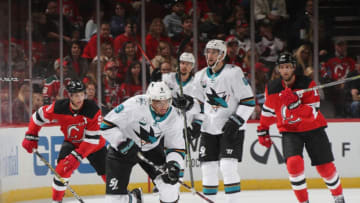 NEWARK, NEW JERSEY - OCTOBER 14: Evander Kane #9 of the San Jose Sharks skates against the New Jersey Devils at the Prudential Center on October 14, 2018 in Newark, New Jersey. The Devils defeated the Sharks 3-2. (Photo by Bruce Bennett/Getty Images)