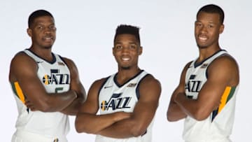 SALT LAKE CITY, UT - SEPTEMBER 25: (L - R) Joe Johnson #6, Donovan Mitchell #45 and Rodney Hood #5 of the Utah Jazz poses for a photo during media day at Zions Bank Basketball Center on September 25, 2017 in Salt Lake City, Utah. Copyright 2017 NBAE (Photo by Melissa Majchrzak/NBAE via Getty Images) Joe Johnson; Donovan Mitchell; Rodney Hood