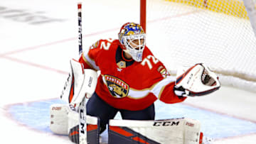 Florida Panthers goalie Sergei Bobrovsky during warmups before a preseason game against the Tampa Bay Lightning at the BB&T Center in Sunrise, Fla., on Tuesday, Sept. 24 2019. (David Santiago/Miami Herald/Tribune News Service via Getty Images)