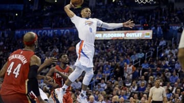 Feb 11, 2016; Oklahoma City, OK, USA; Oklahoma City Thunder guard Russell Westbrook (0) reacts after hitting a three point shot against the New Orleans Pelicans during the first quarter at Chesapeake Energy Arena. Mandatory Credit: Mark D. Smith-USA TODAY Sports