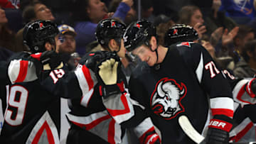 Feb 26, 2023; Buffalo, New York, USA; Buffalo Sabres center Tage Thompson (72) celebrates his 40th goal of the season during the first period against the Washington Capitals at KeyBank Center. Mandatory Credit: Timothy T. Ludwig-USA TODAY Sports