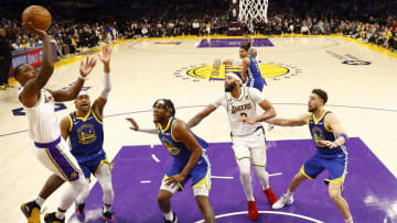 LOS ANGELES, CALIFORNIA - MAY 06: Lonnie Walker IV #4 of the Los Angeles Lakers takes a shot against the Golden State Warriors during the second half in game three of the Western Conference Semifinal Playoffs at Crypto.com Arena on May 06, 2023 in Los Angeles, California. NOTE TO USER: User expressly acknowledges and agrees that, by downloading and/or using this photograph, user is consenting to the terms and conditions of the Getty Images License Agreement. (Photo by Ronald Martinez/Getty Images)