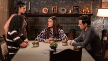 Charmed -- "The Rules of Engagement" -- Image Number: CMD208b_0006b.jpg -- Pictured (L-R): Madeleine Mantock as Macy, Melonie Diaz as Melanie, Sarah Jeffery as Maggie, and Rupert Evans as Harry -- Photo: Colin Bentley/The CW -- © 2019 The CW Network, LLC. All rights reserved.