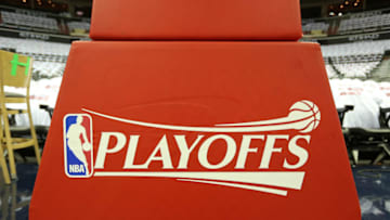 WASHINGTON, DC - APRIL 16: A close up of the NBA Playoff logo is seen before the game between the Atlanta Hawks and the Washington Wizards during the Eastern Conference Quarterfinals of the 2017 NBA Playoffs on April 16, 2017 at Verizon Center in Washington, DC. NOTE TO USER: User expressly acknowledges and agrees that, by downloading and or using this Photograph, user is consenting to the terms and conditions of the Getty Images License Agreement. Mandatory Copyright Notice: Copyright 2017 NBAE (Photo by Stephen Gosling/NBAE via Getty Images)
