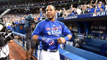 Oct 4, 2016; Toronto, Ontario, CAN; Toronto Blue Jays designated hitter Edwin Encarnacion (10) celebrates after beating the Baltimore Orioles in the American League wild card playoff baseball game at Rogers Centre. Mandatory Credit: Nick Turchiaro-USA TODAY Sports