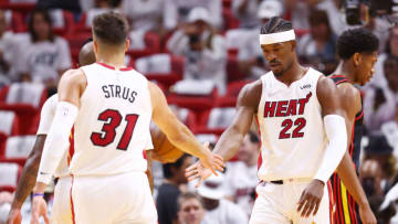 Jimmy Butler #22 of the Miami Heat celebrates with Max Strus #31 against the Atlanta Hawks(Photo by Michael Reaves/Getty Images)