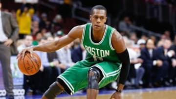Dec 15, 2014; Philadelphia, PA, USA; Boston Celtics guard Rajon Rondo (9) in a game against the Philadelphia 76ers at Wells Fargo Center. The Celtics defeated the 76ers 105-87. Mandatory Credit: Bill Streicher-USA TODAY Sports