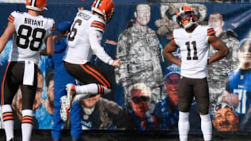 Cleveland Browns wide receiver Donovan Peoples-Jones (11) reacts with quarterback Baker Mayfield (6) after scoring a touchodwn during the second quarter at Nissan Stadium Sunday, Dec. 6, 2020 in Nashville, Tenn.Aab0217