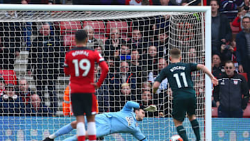 SOUTHAMPTON, ENGLAND - MARCH 07: Alex McCarthy of Southampton saves a penalty shot from Matt Ritchie of Newcastle United during the Premier League match between Southampton FC and Newcastle United at St Mary's Stadium on March 07, 2020 in Southampton, United Kingdom. (Photo by Jordan Mansfield/Getty Images)