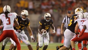 Sep 10, 2016; Tempe, AZ, USA; Arizona State Sun Devils running back Kalen Ballage (7) runs the ball in the fourth quarter against the Texas Tech Red Raiders at Sun Devil Stadium. Mandatory Credit: Mark J. Rebilas-USA TODAY Sports