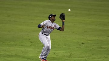 LOS ANGELES, CA - OCTOBER 25: Cameron Maybin #3 of the Houston Astros catches a fly ball during Game 2 of the 2017 World Series against the Los Angeles Dodgers at Dodger Stadium on Wednesday, October 25, 2017 in Los Angeles, California. (Photo by Rob Tringali/MLB Photos via Getty Images)