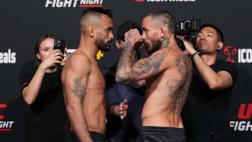 LAS VEGAS, NEVADA - APRIL 29: (L-R) Opponents Rob Font and Marlon Vera of Ecuador face off during the UFC weigh-in at UFC APEX on April 29, 2022 in Las Vegas, Nevada. (Photo by Chris Unger/Zuffa LLC)