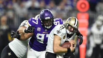 MINNEAPOLIS, MN - SEPTEMBER 11: Everson Griffen #97 of the Minnesota Vikings sacks quarterback Drew Brees #9 of the New Orleans Saints in the third quarter of the game on September 11, 2017 at U.S. Bank Stadium in Minneapolis, Minnesota. (Photo by Hannah Foslien/Getty Images)