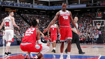 SACRAMENTO, CA - DECEMBER 2: Harrison Barnes #40 of the Sacramento Kings high-fives his teammates during a game against the Chicago Bulls on December 2, 2019 at Golden 1 Center in Sacramento, California. NOTE TO USER: User expressly acknowledges and agrees that, by downloading and or using this Photograph, user is consenting to the terms and conditions of the Getty Images License Agreement. Mandatory Copyright Notice: Copyright 2019 NBAE (Photo by Rocky Widner/NBAE via Getty Images)