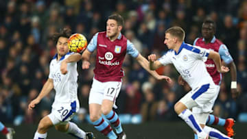 BIRMINGHAM, ENGLAND - JANUARY 16: Jordan Veretout (C) of Aston Villa competes against Shinji Okazaki (L) and Marc Albrighton (R) of Leicester City during the Barclays Premier League match between Aston Villa and Leicester City at Villa Park on January 16, 2016 in Birmingham, England. (Photo by Mark Thompson/Getty Images)