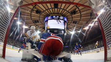 NEW YORK, NY - MARCH 25: Teddy Blueger #53 of the Pittsburgh Penguins scores a goal in the third period against Alexandar Georgiev #40 of the New York Rangers at Madison Square Garden on March 25, 2019 in New York City. (Photo by Jared Silber/NHLI via Getty Images)