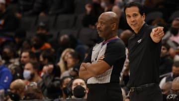Miami Heat head coach Eric Spoelstra (R) argues a call with referee Derek Richardson (L) against the Washington Wizards(Geoff Burke-USA TODAY Sports)