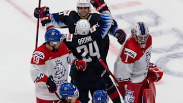 EDMONTON, AB - DECEMBER 29: Bobby Brink #24 and Matthew Beniers #10 of the United States celebrate a goal against goaltender Lukas Parik #1 of the Czech Republic during the 2021 IIHF World Junior Championship at Rogers Place on December 29, 2020 in Edmonton, Canada. (Photo by Codie McLachlan/Getty Images)