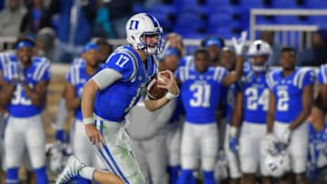 DURHAM, NC - NOVEMBER 18: Daniel Jones #17 of the Duke Blue Devils breaks free for a touchdown against the Georgia Tech Yellow Jackets during their game at Wallace Wade Stadium on November 18, 2017 in Durham, North Carolina. Duke won 43-20. (Photo by Grant Halverson/Getty Images)