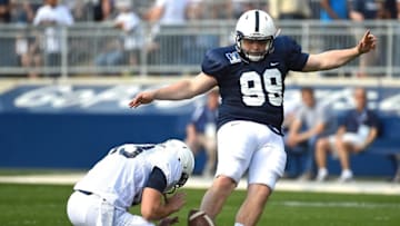 Apr 18, 2015; University Park, PA, USA; Penn State Nittany Lions kicker Joey Julius (99) kicks a field goal during a pre-game competition prior to the Blue White spring game at Beaver Stadium. The Blue team won the game 17-7. Mandatory Credit: Rich Barnes-USA TODAY Sports