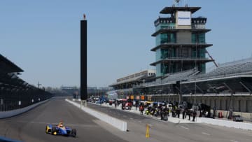INDIANAPOLIS, IN - APRIL 30: Alexander Rossi (27) entering Turn 1 with the famous Pagoda and Scoring Pylon in the background during an Open Test on April 30, 2018, at the Indianapolis Motor Speedway in Indianapolis, IN. (Photo by James Black/Icon Sportswire via Getty Images)