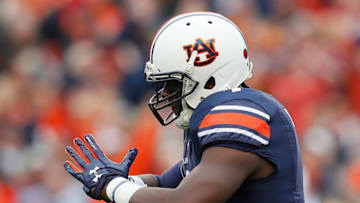 AUBURN, AL - NOVEMBER 11: Jeff Holland No. 4 of the Auburn Tigers reacts after sacking Jake Fromm No. 11 of the Georgia Bulldogs at Jordan Hare Stadium on November 11, 2017 in Auburn, Alabama. (Photo by Kevin C. Cox/Getty Images)