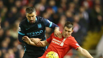 LIVERPOOL, ENGLAND - MARCH 02: James Milner of Liverpool and Aleksandar Kolarov of Manchester City battle for the ball during the Barclays Premier League match between Liverpool and Manchester City at Anfield on March 2, 2016 in Liverpool, England. (Photo by Clive Brunskill/Getty Images)