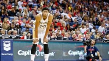 Dec 2, 2014; New Orleans, LA, USA; New Orleans Pelicans forward Anthony Davis (23) against the Oklahoma City Thunder during the second half of a game at the Smoothie King Center. The Pelicans defeated the Thunder 112-104. Mandatory Credit: Derick E. Hingle-USA TODAY Sports