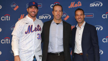 Dec 20, 2022; NY, NY, USA; New York Mets pitcher Justin Verlander (left to right) poses for a photo with Mets general manager Billy Eppler and his agent Mark Pieper during his introductory press conference at Citi Field. Mandatory Credit: Brad Penner-USA TODAY Sports
