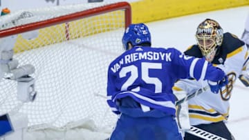 TORONTO, ON - APRIL 16: Toronto Maple Leafs left wing James van Riemsdyk (25) just can't the shaft of his stick to connect with a floating puck which is already past Boston Bruins goaltender Tuukka Rask (40). Toronto Maple Leafs VS Boston Bruins during 3rd period action in Game 3 of Round 1, of NHL playoffs at the Air Canada Centre. Toronto Star/Rick Madonik (Rick Madonik/Toronto Star via Getty Images)