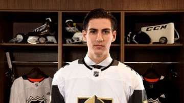 CHICAGO, IL - JUNE 24: Nicolas Hague poses for a portrait after being selected 34th overall by the Vegas Golden Knights during the 2017 NHL Draft at the United Center on June 24, 2017 in Chicago, Illinois. (Photo by Stacy Revere/Getty Images)