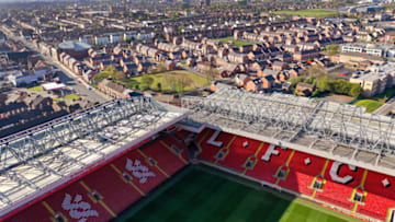 LIVERPOOL, ENGLAND - APRIL 20: Anfield Stadium, the home Liverpool Football Club during the coronavirus (Covid-19) pandemic lockdown at Anfield on April 20, 2020 in Liverpool, England. Amid speculation that some coronavirus related cases in Liverpool could be linked to the Champions League match at Anfield on March 11, the mayor of Madrid has said it was a mistake to allow 3,000 Atletico fans to travel to the game. Liverpool F.C. has led the Premier League since the time major sporting events were suspended in mid-March due to the COVID-19 pandemic. (Photo by Christopher Furlong/Getty Images)