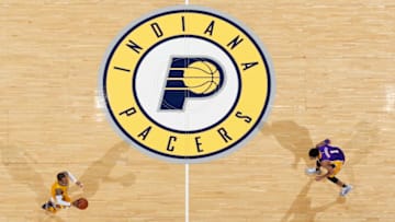 INDIANAPOLIS, IN - FEBRUARY 8: General view of the Indiana Pacers logo at half court as action takes place during the game against the Los Angeles Lakers at Bankers Life Fieldhouse on February 8, 2016 in Indianapolis, Indiana. The Pacers defeated the Lakers 89-87. NOTE TO USER: User expressly acknowledges and agrees that, by downloading and or using the photograph, User is consenting to the terms and conditions of the Getty Images License Agreement. (Photo by Joe Robbins/Getty Images)