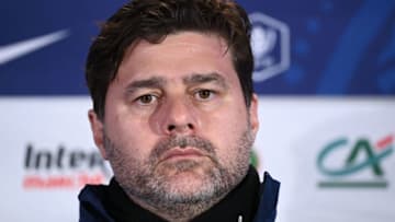Paris Saint-Germain's Argentinian head coach Mauricio Pochettino looks on during a press conference at the Stade de France stadium, in Saint-Denis, on the outskirts of Paris, on May 18, 2021 on the eve of the French Cup final between Paris Saint-Germain and Monaco. (Photo by Anne-Christine POUJOULAT / AFP) (Photo by ANNE-CHRISTINE POUJOULAT/AFP via Getty Images)